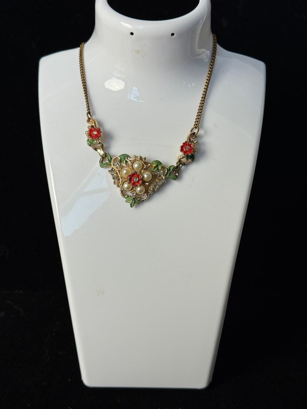 Necklace Gold Tone Red Enamel Pearl Flower Cluster Short VTG Estate Sale Find